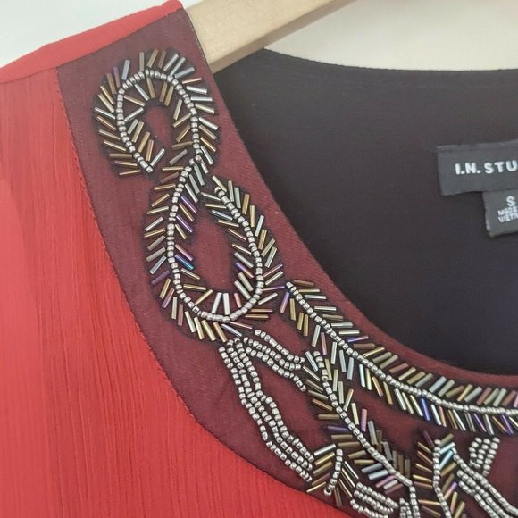 Womens Small Blouse Beaded Red Asymmetric Tiered Tunic Top Sheer Fancy - Picture 6 of 9